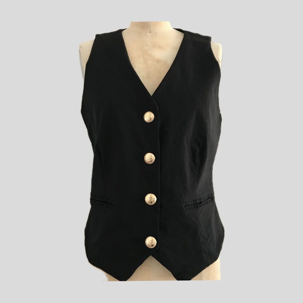 AUW Black Stretch V Neck Sleeveless Vest with Gold Buttons Womens 6/8